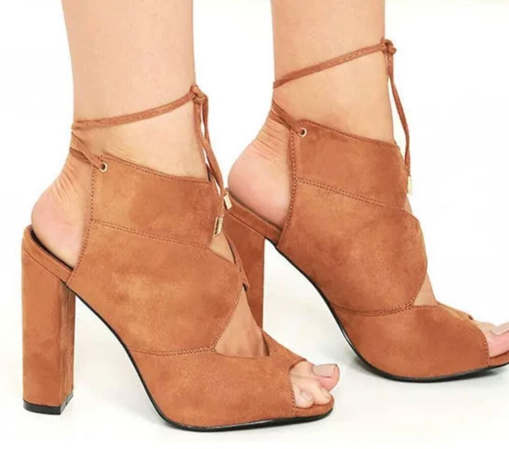 Tan Brown Suede Open Toe Tie Up Heels Size 7.5